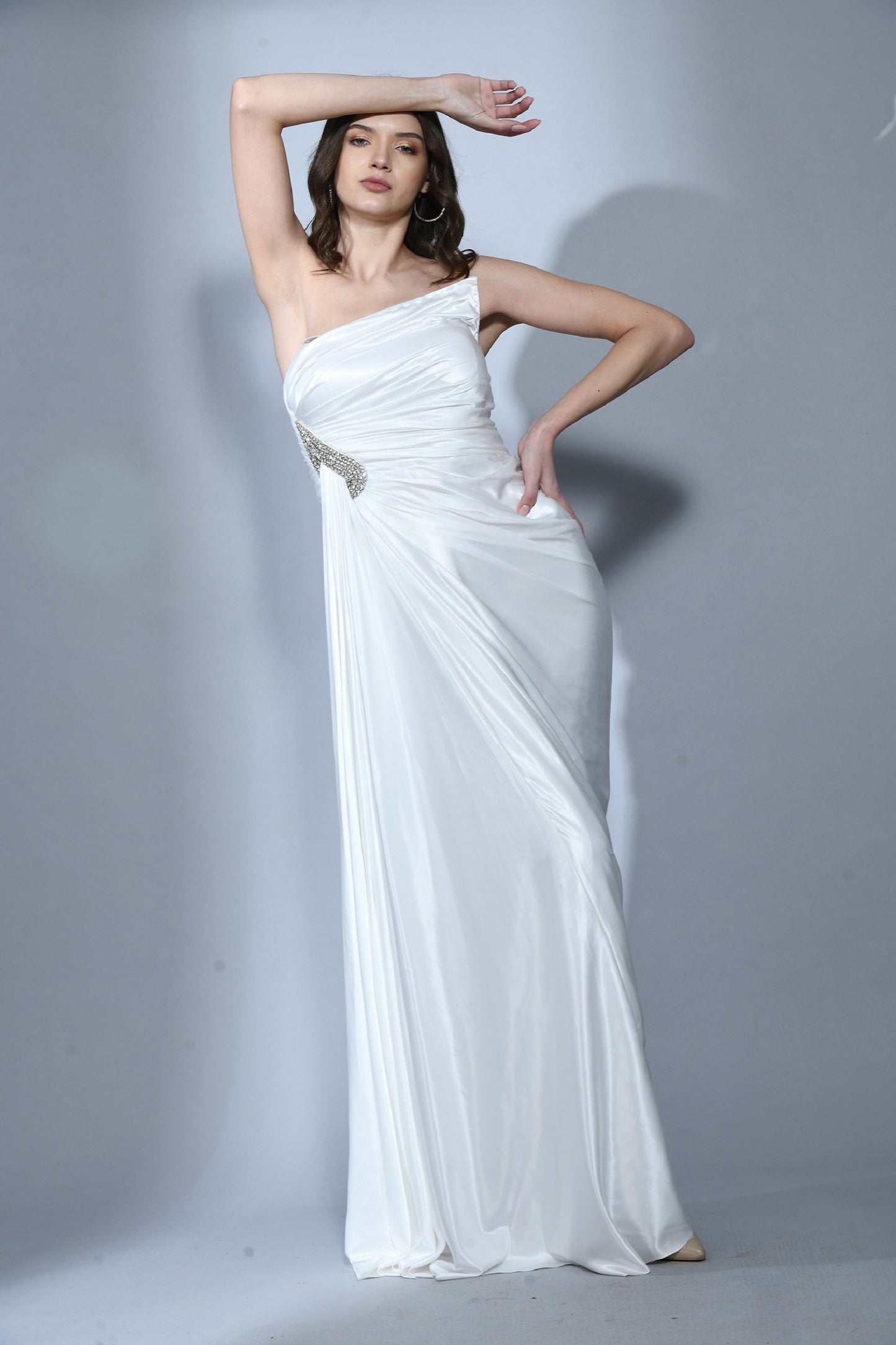 Sanibel Pearl White Premium Satin One Shoulder Cocktail Dress