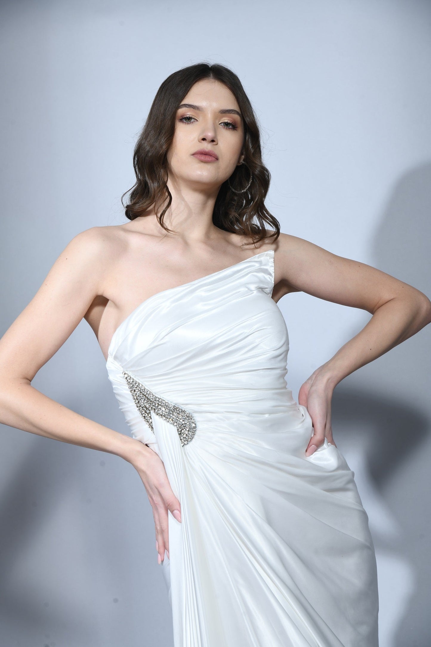 Sanibel Pearl White Premium Satin One Shoulder Cocktail Dress